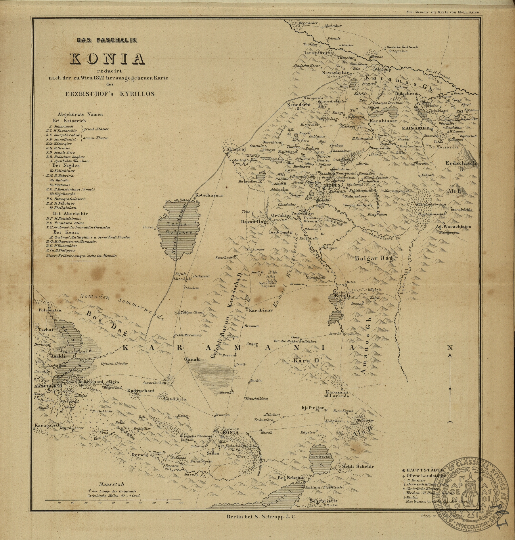 Das Paschalik Konia reducirt nach der zu Wien 1812 herausgegebenKarte des Erzbischof's Kyrillos